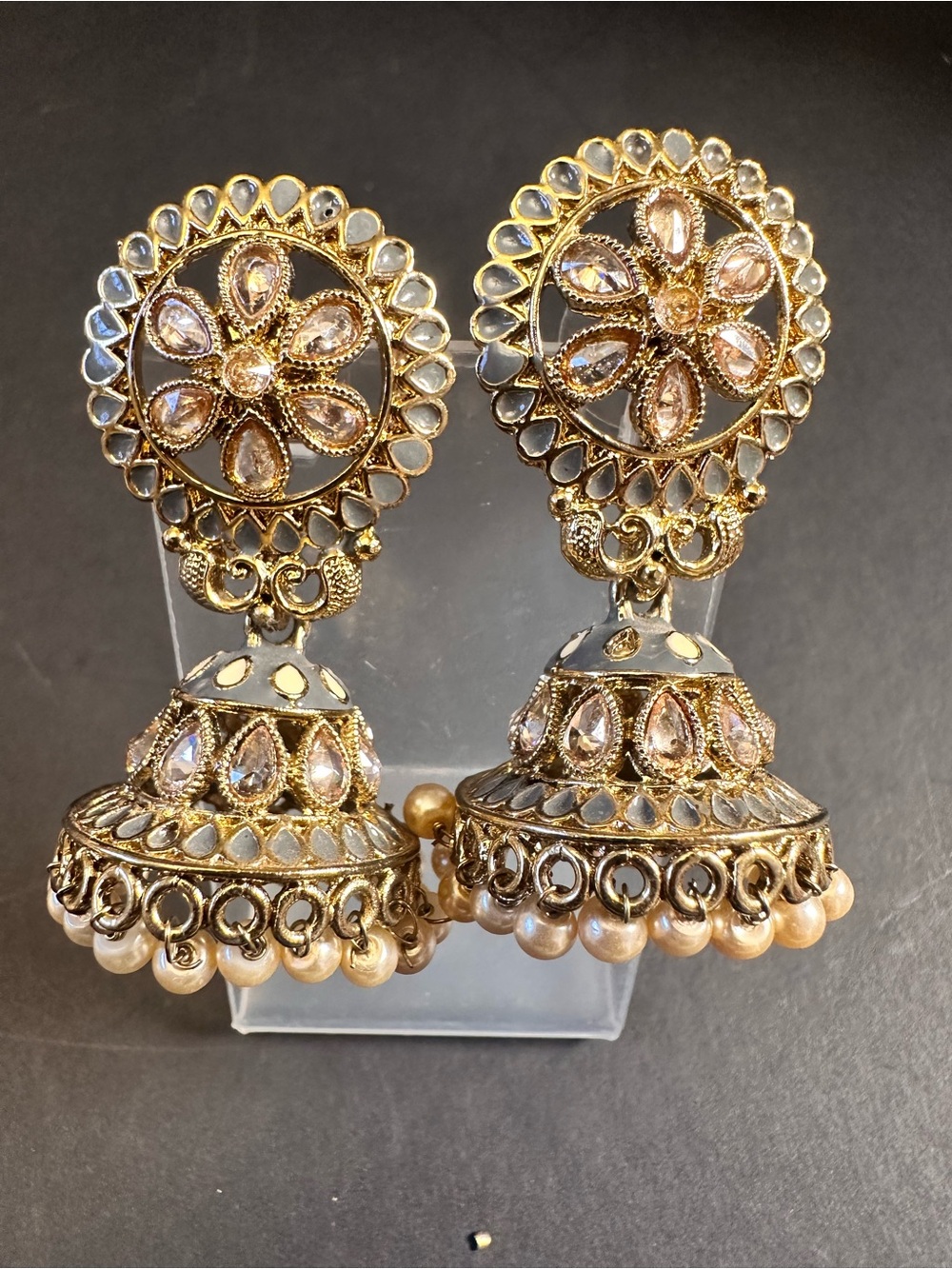 Bollywood Style Grean and Champagne colored Glass Earrings/Jhumkas